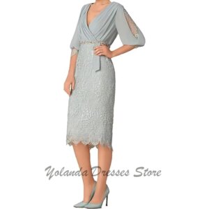 Customized Mother of The Bride Dresses for Wedding V Neck Zipper Back Formal Dresses Knee Length Appliques Lace Evening Gown