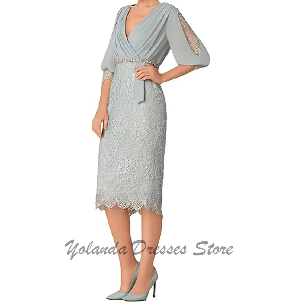 Customized Mother of The Bride Dresses for Wedding V Neck Zipper Back Formal Dresses Knee Length Appliques Lace Evening Gown