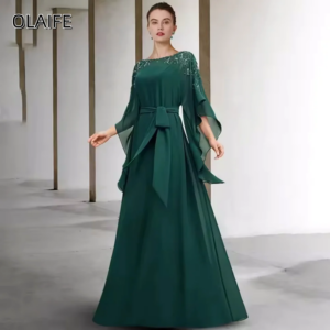 Chiffon A-Line O-Neck Sequined Customized Sash Zipper Mother of The Bride Dresses Puffy Half Sleeves Floor-Length فساتين طويلة