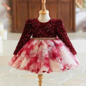 Dreamy Vow Gorgeous Burgundy Girl Dress Long Sleeved Tulle Sequined Embroidered for Kids Party Knee Length Ball Gown J721