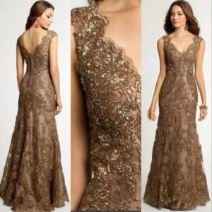 Elegant Mermaid Trumpet V Neck Brown Lace Appliques Crystal Beaded Mother of the Bride Dress Formal Party Wedding  Customized