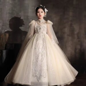 Jill Wish Luxury Champagne Beaded Girl Dress Long Sleeve Court Train Arab Kids Princess Wedding Birthday Party Pageant Gown J337