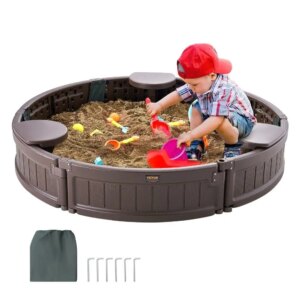 Sandbox with Cover 47.2×9.1in Round Sand Box HDPE Sand Pit 3 Corner Seating Bottom Liner Kids Sandbox for outdoor Backyard Beach