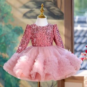 Jill Wish Sparkly Pink Girl Dress Long Sleeve Ruffle Kids Princess 1st Birthday Wedding Party Children Holiday Ball Gown J359