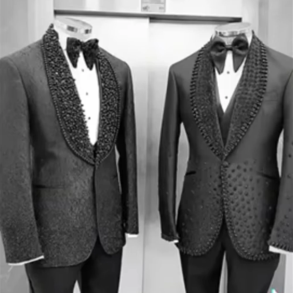 Customized Luxury Men's Suits Tailored 2 Pieces Sequins Beads Blazer Shawl Lapel One Button Sparkly Wedding Slim Diamonds Prom