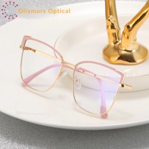 OLLYMURS Retro Fashion Eyeglass Sidepiece Ultralight Alloy Cat Eye Glasses Shaped Myopia Women’s Prescription Frame