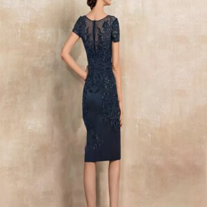 Elegant Navy Blue Short Sleeves  Straight Knee Length  Mother Of The Bride Dress For Woman Vintage Groom Mom Wedding Party Gown