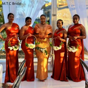 Custom Made Orange Mermaid Long Bridesmaid Dresses Sweetheart Corset Back High Quality Satin African Maids Of Honor Gowns Cheap