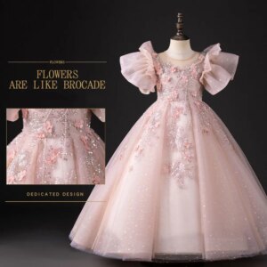 Jill Wish Luxury Pink Dubai Girl Dress 3D Flowers Pearls Arabic Princess Kids Wedding Birthday Party Long Ball Gown 2025 J384