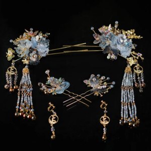 Xiuhe Headdress Blue Glass Antique Tassel Hairpin Ornament New Chinese Xiuhe Clothing Han Chinese Clothing Hair Accessories