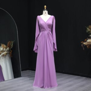 Sharon Said Lilac Chiffon Long Sleeves V-Neck Bridesmaid Dress Long Women Weeding Guest Gowns BS239 Customized