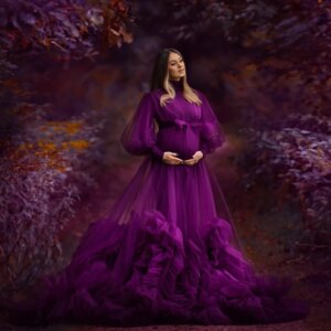 Fashion Demure High Neck Tulle A Line Pregancy Dresses Long Puff Sleeves Tiered Ruffles Maternity Gowns For Photo Shoot