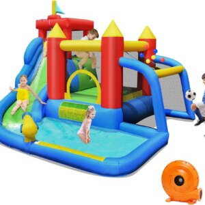 Inflatable Water Slide with 750w Blower, 7-in-1 Toddler Giant Blow Up Bouncy Water Park w/Soccer Ball Gate, Water Bounce House