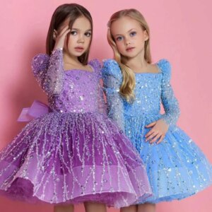 Jill Wish Sparkly Arabic Girl Dress Beading Purple Baby Kids Princess Birthday Wedding Party Children Holiday Gown 2025 J204