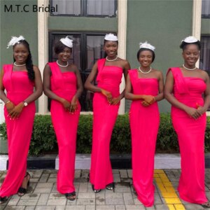 Elegant Fuchsia Long 2024 African Bridesmaid Dresses Straight One Shoulder Lace Up Back Maids Of Honow Gowns Custom Made