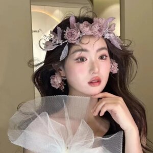 Bridal Hair Accessories Mori Sweet Wedding Garland Leaf Purple Ear Clip Earrings Photo Studio Wedding Dress Photo