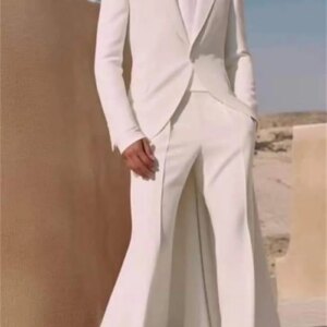 White Men Suit Set 2 Pieces Blazer+Straight Pants Trousers Long Train Formal Office Cotton Coat Wedding Tuxedo Customized Jacket