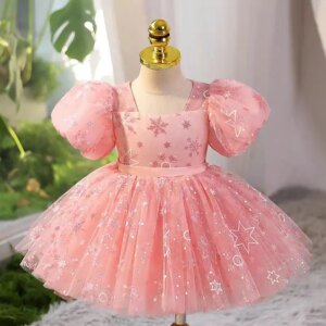 Dreamy Vow Adorable Pink Girl Dress Bowed Puff Sleeves for Kids Wedding Birthday Party Holiday Princess Short Ball Gown J727