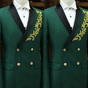 Exquisite Green Wedding Tuxedos 2 Piece Set Jacket Pants Double Breasted Men Suit Appliques Groom Wear Party Suits Customized