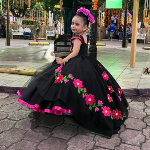 Mexican Black Flower Girls Dress 2025 Mariachi Escaramuza Charro Kids Birthday Dress Embroidery Flower Pageant Party Customized