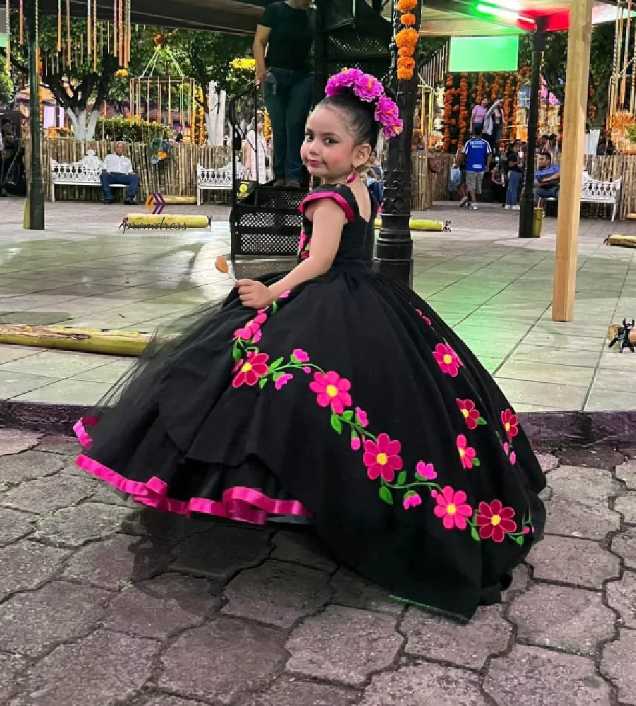 Mexican Black Flower Girls Dress 2025 Mariachi Escaramuza Charro Kids Birthday Dress Embroidery Flower Pageant Party Customized
