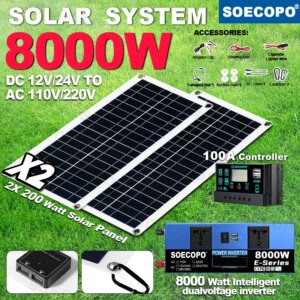 SOECOPO 8000W Complete Solar System Set 2×200W Panels 100A Controller Dual Voltage 12V/24V – 110V/220V Inverter RV Camping Home