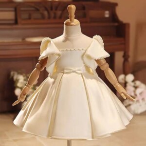 Jill Wish Elegant White Satin Girl Dress Knee Length Puffy Sleeve Children Princess Wedding Toddler Birthday Party Gowns J497