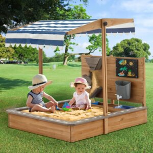 Kids Large Wooden SandBoxes with Roof, Pipleo Outdoor Sand Box Play w/Canopy for Backyard Garden Beach, Sand Pit for Beach Patio