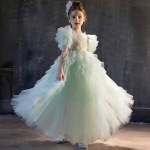 Jill Wish Elegant Sage Green Flower Girl Dress Arabic Princess Kids Wedding Birthday Party Gowns vestidos de novia J077