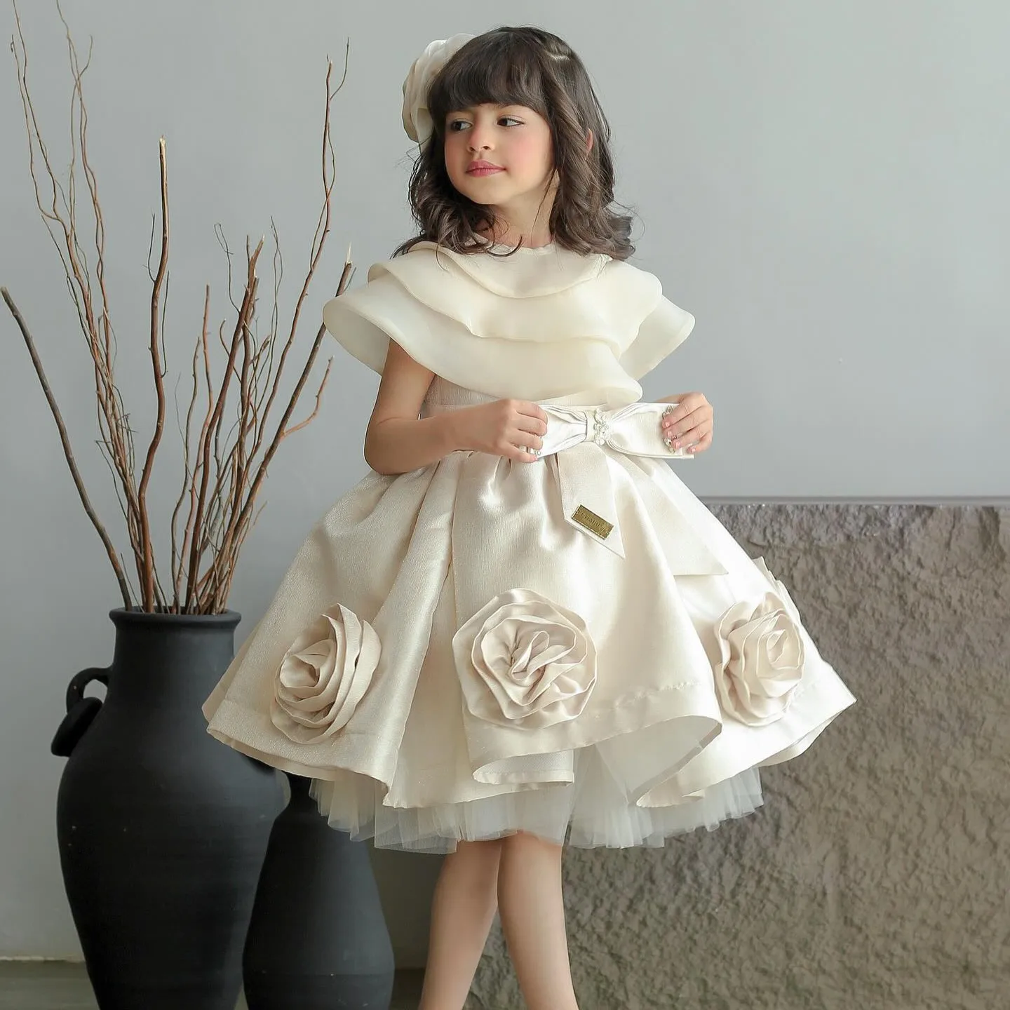 Dreamy Vow Elegant Beige Girl Dresses Handmade Flowers with Headgear for Kids Wedding Birthday Holiday Party Gown 2025 J104