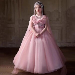 Jill Wish Luxury Pink long Flower Girl Dress Beads Arabic Cap Sleeve for Princess Kids Birthday Wedding Party Pageant Gown J234