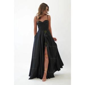 QueensLove Black Bridesmaid Dress Sweetheart Evening Dress Satin Long Straps Party Dress Backless Spaghetti