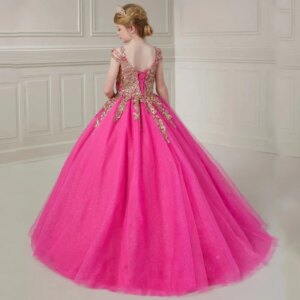 Birthday Party Banquet Princess Gowns Flower Girl Dresses Rose Pink Tulle Gold Flory Appliques Sleeveless For Wedding