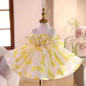 Jill Wish Elegant Yellow Girl Dress Beading Sleeveless Princess Toddler Kids Wedding 1st Birthday Pageant Party Ball Gown J484