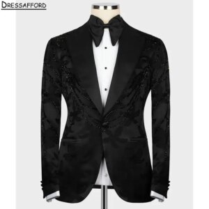 Black Men Business Beading Crystal Formal Occasion Tuxedos Grooms Wedding Party Prom Male Suit 2 Piece Set Blazer Pants