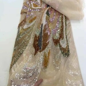 Luxury Nigerian Fabric African Beaded Lace Fabric Embroidery Lace French Mesh Sequins Lace Fabric Nigerian Tulle Lace For Party