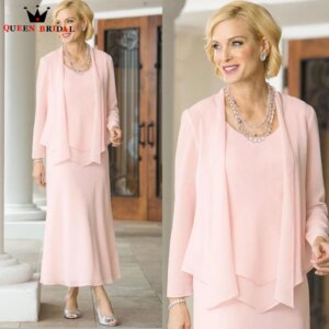 Elegante Pink Mother Of The Bride Dresses With Jacket O-Neck A Line Three Pieces Ankle Length vestido madre novia Custom  DT68