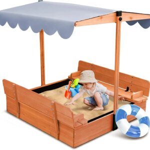 Wooden Kids Sandbox with Lid Sand Box with Canopy Outdoor Sandpit with Cover Adjustable Roof Bottom Liner