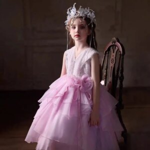 Jill Wish Elegant Pink Flower Girl Dress Handmade Flowers V-Neck Princess Kids Wedding Birthday Party Long Pageant Gown J232