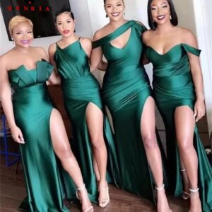 Dark Green Long Bridesmaid Dresses African Sexy Side Split Floor Length Satin Robe de demoiselle d’honneur Custom Made YM14