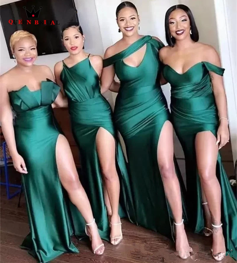 Dark Green Long Bridesmaid Dresses African Sexy Side Split Floor Length Satin Robe de demoiselle d'honneur Custom Made YM14