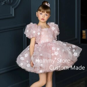 Cute Princess Flower Girl Dress Short Sleeves Flowers Sequin Tulle Puffy Party Gown for Pageant Kids Dresses for Weddings