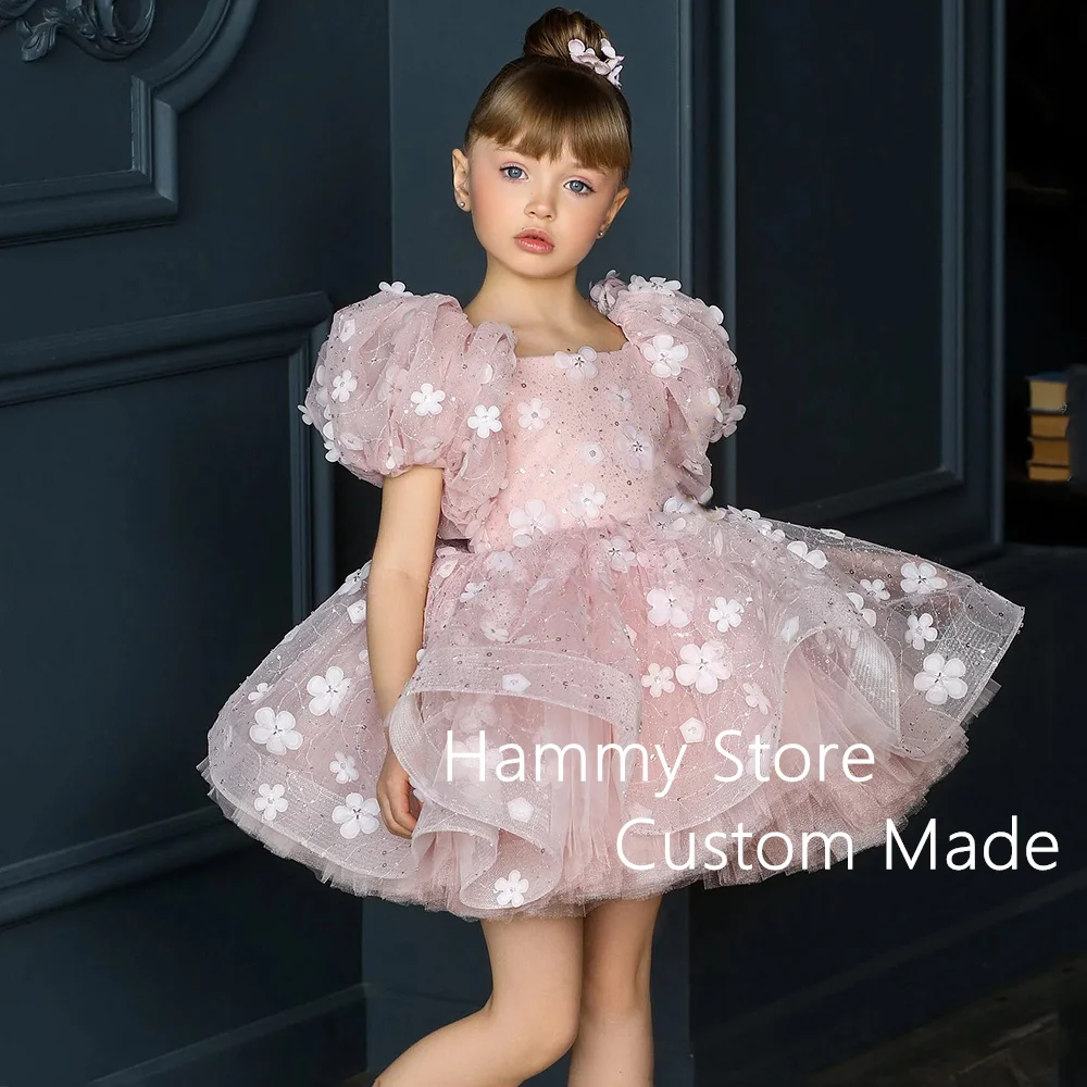 Cute Princess Flower Girl Dress Short Sleeves Flowers Sequin Tulle Puffy Party Gown for Pageant Kids Dresses for Weddings