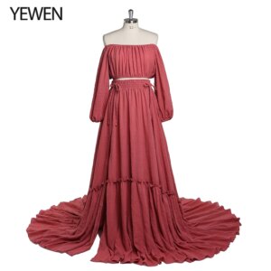 Off Shoulder Two Piece Maternity Dress for Photo Shoot Beach Long Sleeve Pregnancy Gown Photography Baby Shower Outfit YD211203