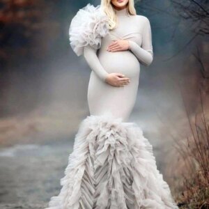 Full Sleeves Tulle Maternity Prom Dresses High Neck Evening Dress Custom Made Photo Lush Ruffles Flowers Celebrity Party Gown