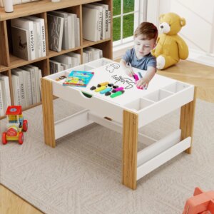 Kids 2 In 1 Play 7 Storage Compartments Compatible Modern Activity Learning Table Game Furniture White Easy To Assemble