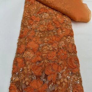 Nigerian Lace Fabric 5 Yards High Quality 2025 African Orange Fabric Luxury Beaded Fabric Luxury Beaded Fabric For Dress A1117-1