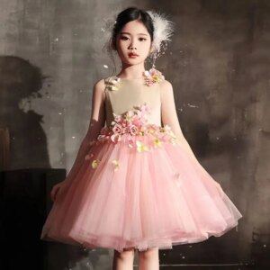 Jill Wish Luxury Dubai Pink Girl Dress 3D Flowers Sleeveless Ball Gown for Kids Wedding Birthday Communion Party Pageant J349