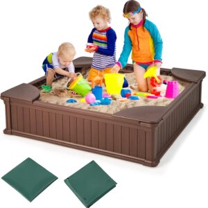 Kids Sandbox with Cover, 48×48 Inch Large Sand Pit for Backyard, 4 Corner Seats & Bottom Liner, Sand Protection, All Weathe