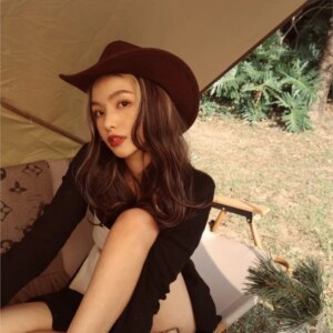 Khaki leather hat woolen wide overhang protective warm cowboy adjustable for men and women